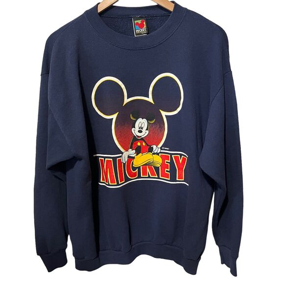 Mickey Unlimited 90's Y2K VTG Disney Navy Velva Sheen Long Sleeve Sweatshirt L - Picture 1 of 6